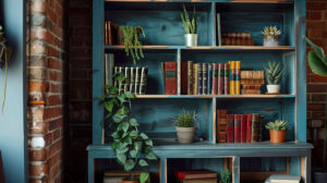 A wallpaper showcasing a bookshelf with movable shelves stacked with books and accented by a couple of tiny succulents for a natural flair