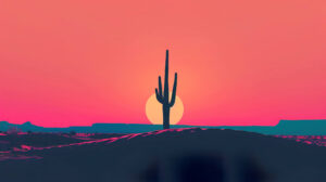 A wallpaper showcasing a lone cactus silhouette set against a vibrant gradient sunset backdrop in a minimalist style