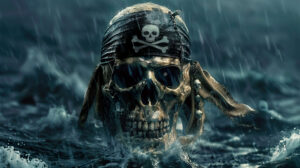 A wallpaper showcasing a skull with a pirate theme adorned with a ragged bandana an eye patch and crossbones set against a turbulent dark sea background
