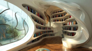 A whimsical bookshelf shaped like a spiral, with books stacked along the curves