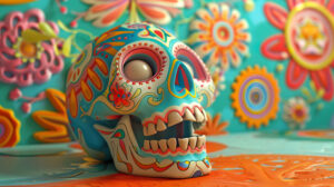 A whimsical, cartoonish skull with exaggerated features and a mischievous grin, set against a playful background