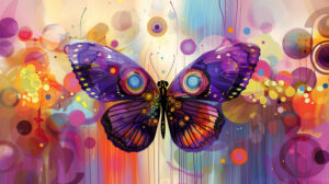 A whimsical illustration of a purple butterfly with fanciful patterns, surrounded by colorful abstract shapes