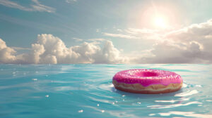 A whimsical scene of a donut float in a pool, with a donut shaped pool toy and bright summer sun