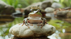 A whimsical scene of a frog wearing a tiny crown, sitting on a rock as if it's a royal throne