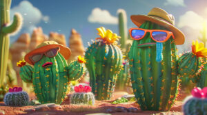 A whimsical scene with cartoon cacti wearing sunglasses and hats, set against a bright and cheerful desert backdrop