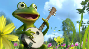 A whimsical wallpaper featuring a cartoon frog strumming a banjo amidst a vibrant and cheerful countryside backdrop