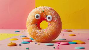 A whimsical wallpaper featuring a donut with googly eyes and a surprised look set against a bold striking background