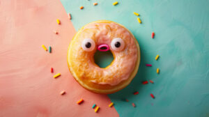 A whimsical wallpaper featuring a donut with googly eyes and a surprised look set against a vivid contrasting background