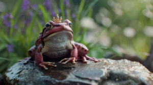 A whimsical wallpaper of a frog crowned and perched on a rock like a royal throne