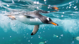 Among the wallpapers available is Penguin in Clear Water featuring a penguin gracefully diving into transparent waters surrounded by bubbles and fish