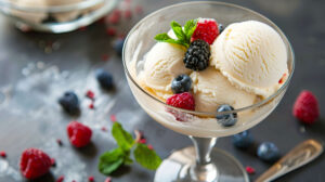 An aesthetically pleasing wallpaper featuring a sophisticated ice cream dessert presentation with scoops neatly arranged in a glass dish topped with mint leaves and fresh berries