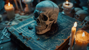 An ancient book weathered and surrounded by candles mystical symbols and a resting skull in the wallpaper
