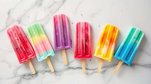 An artistic arrangement of ice cream popsicles in vibrant colors, laid out in a fan shape on a white marble surface