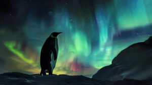 An artistic depiction of a penguin silhouette against the Northern Lights, with vibrant colors illuminating the night sky