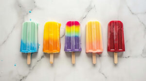 An artistic display of colorful ice cream popsicles in a fan formation on a sleek white marble backdrop