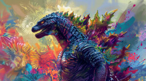 An artistic portrayal of Godzilla integrating vivid abstract designs and colors that merge seamlessly with the backdrop in the wallpaper
