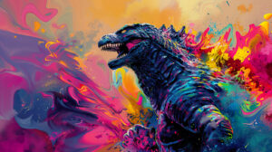An artistic rendition of Godzilla with vibrant, abstract patterns and colors blending into the background
