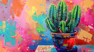 An artistic rendition of a cactus in a pot, with vibrant colors and abstract patterns filling the background