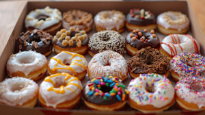 An assortment of petite donuts featuring diverse toppings presented in an ornate box for display as a wallpaper background