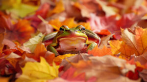 An autumn scene with a frog perched among fallen leaves setting a colorful seasonal backdrop