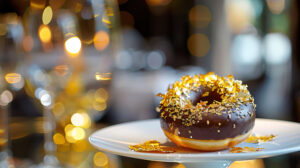 An elegant setting showcases a gourmet donut featuring glossy chocolate ganache and gold leaf