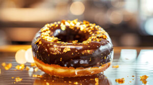 An elegant setting showcases a gourmet donut topped with glossy chocolate ganache and gold leaf