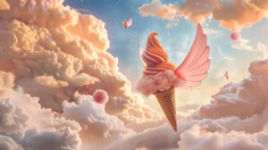 An enchanting wallpaper featuring a winged ice cream cone soaring amidst cotton candy clouds in the sky filename whimsical ice cream cone wallpaper.jpg