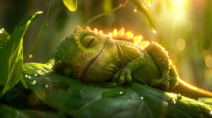 An image of a baby dinosaur peacefully napping on a soft green leaf under the warm sun is depicted in the wallpaper titled Serene Baby Dinosaur Nap