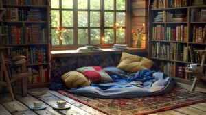 An inviting reading nook complete with a bookshelf a soft rug cushions and a quaint table holding a teacup