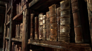 An old towering bookcase made of dark wood adorned with leather bound books rests in a softly lit room
