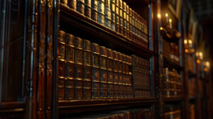 An old towering bookcase made of dark wood filled with leather bound books sits in a softly illuminated room