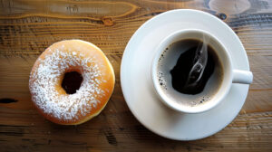 An overhead view of a coffee and donut pairing, with a steaming cup of coffee and a donut on a saucer