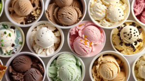 An overhead view of a variety of ice cream flavors in tubs, with scoops taken out, surrounded by toppings and cones