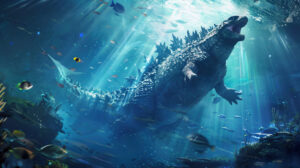 An underwater view of Godzilla swimming, with marine life around and beams of sunlight piercing through the water