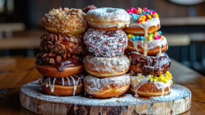 Assorted donuts with various frostings and toppings beautifully arranged on a rustic wooden board make an appetizing wallpaper