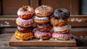 Assortment of donuts with different frostings and toppings on a rustic wooden board beautifully arranged for a delightful visual treat