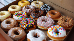Assortment of mini donuts each uniquely topped displayed in an ornate box for your wallpaper collection