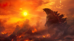 Behold Godzilla triumphing over a smoldering devastated battlefield under the warm orange glow of a setting sun