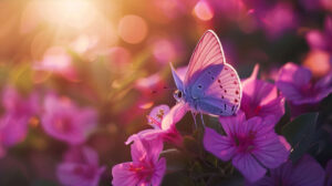 Capture a stunning moment a fragile purple butterfly perched on a lively pink flower bathed in gentle sunlight filtering through. Download delicate butterfly on flower.jpg