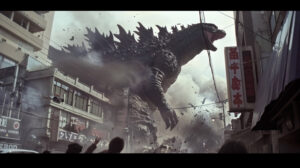 Capture the chaos of Godzillas tail crashing through buildings creating a whirlwind of debris and stirring panic in the streets in this wallpaper