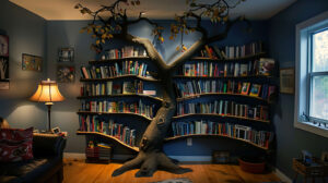 Capture the essence of creativity with a distinctive bookshelf resembling a tree where books are displayed on the branches forming an artistic focal point