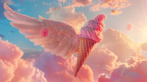 Capture the fantasy of an ice cream cone with wings soaring through a sky of cotton candy clouds in the wallpaper named Fantasy Cone Flight