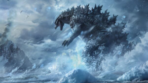 Capture the scene of Godzilla wreaking havoc in a snowy terrain leaving a trail of ice and snow in its path in the wallpaper named Arctic Destruction.jpg