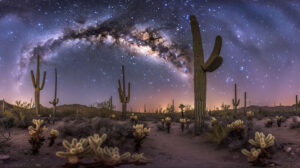 Capture the vast expanse of a desert landscape adorned with various cacti under a starry night sky showcasing the clear visibility of the Milky Way