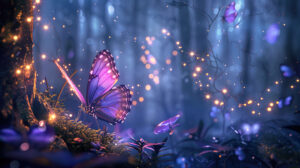 Captured is a magical setting in a forest with a purple butterfly embraced by glistening fairy lights. Find the wallpaper named Mystical Forest Glow.jpg