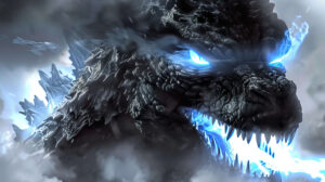 Capturing Godzillas intense gaze and smoking nostrils the wallpaper showcases a close up view of the colossal monster with glowing blue eyes