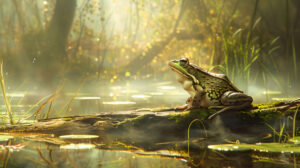Capturing a frog perched on a log in a hazy swamp surrounded by a soft glow and an air of mystery. This wallpaper evokes an ethereal scene with the amphibian as its focal point