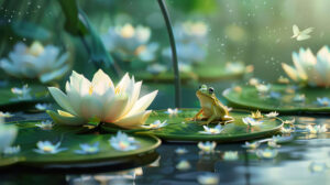 Capturing a peaceful pond scene this wallpaper showcases a small frog atop a lily pad encircled by blossoming water lilies and dragonflies