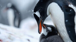 Capturing a penguin parent tenderly feeding its chick against a softly blurred snowy backdrop this wallpaper offers a heartwarming scene
