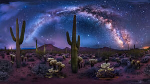 Capturing a vast desert landscape adorned with a variety of cacti beneath a starry night sky where the Milky Way shines brightly